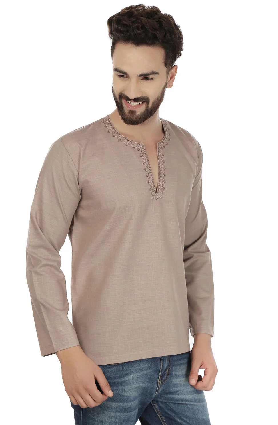 Indian Clothing Cotton Short Kurta for Men (Brown) - Image 5
