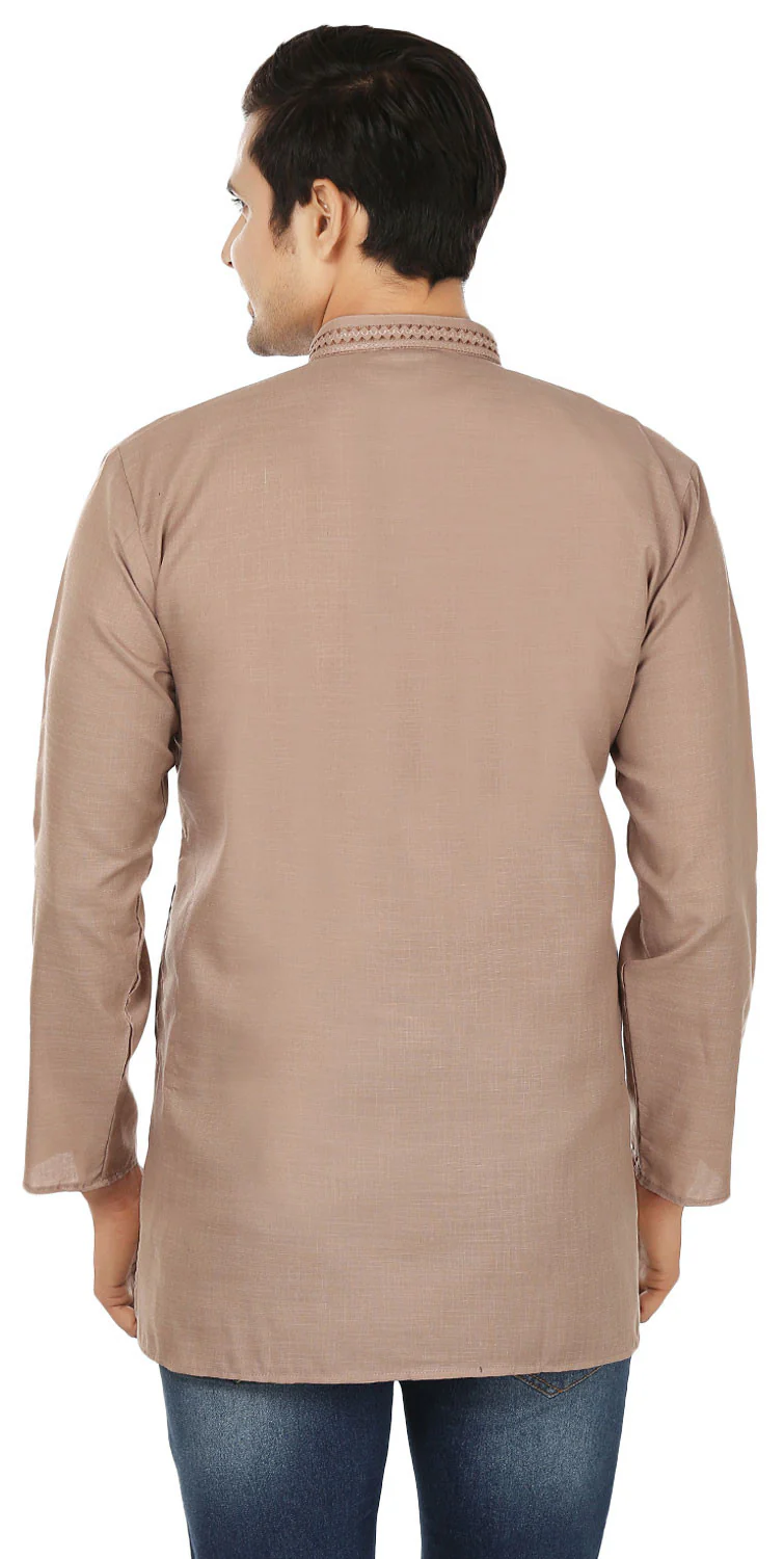 Indian Clothing Embroidered Cotton Short Kurta for Men (Brown) - Image 3