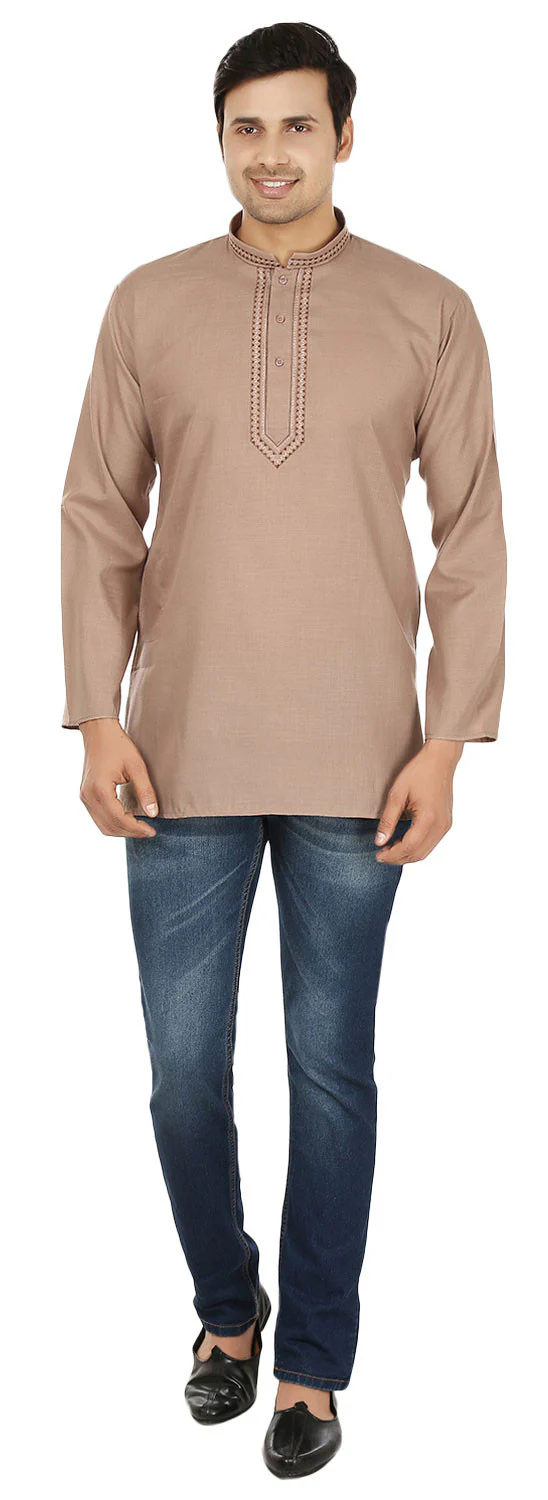 Indian Clothing Embroidered Cotton Short Kurta for Men (Brown) - Image 4