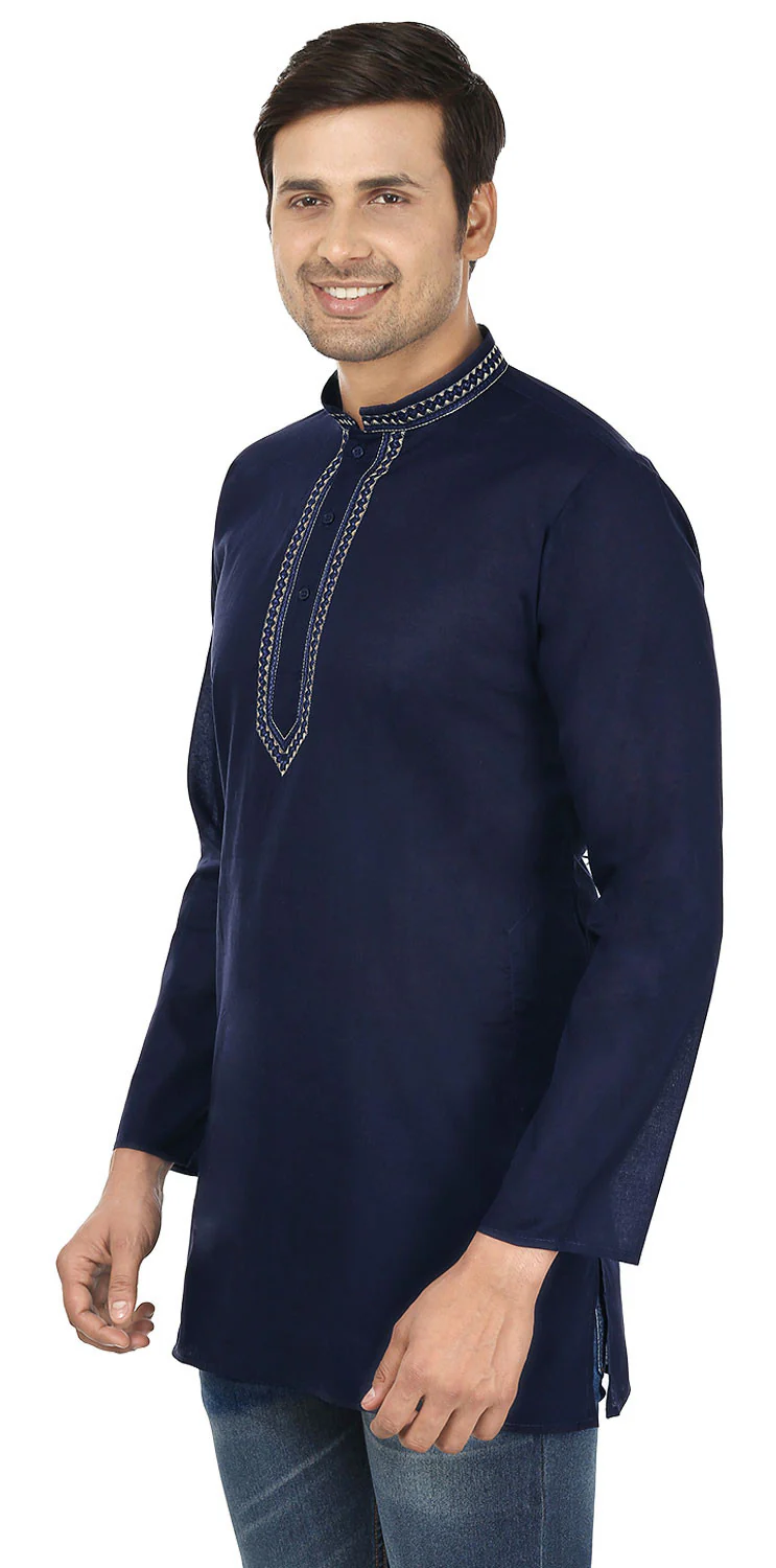 Indian Clothing Embroidered Cotton Short Kurta for Men (Dark Blue) - Image 2