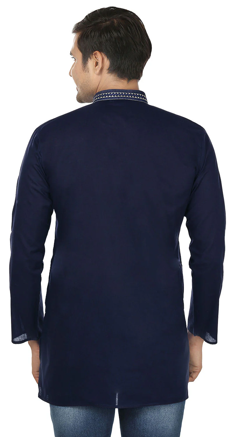 Indian Clothing Embroidered Cotton Short Kurta for Men (Dark Blue) - Image 3