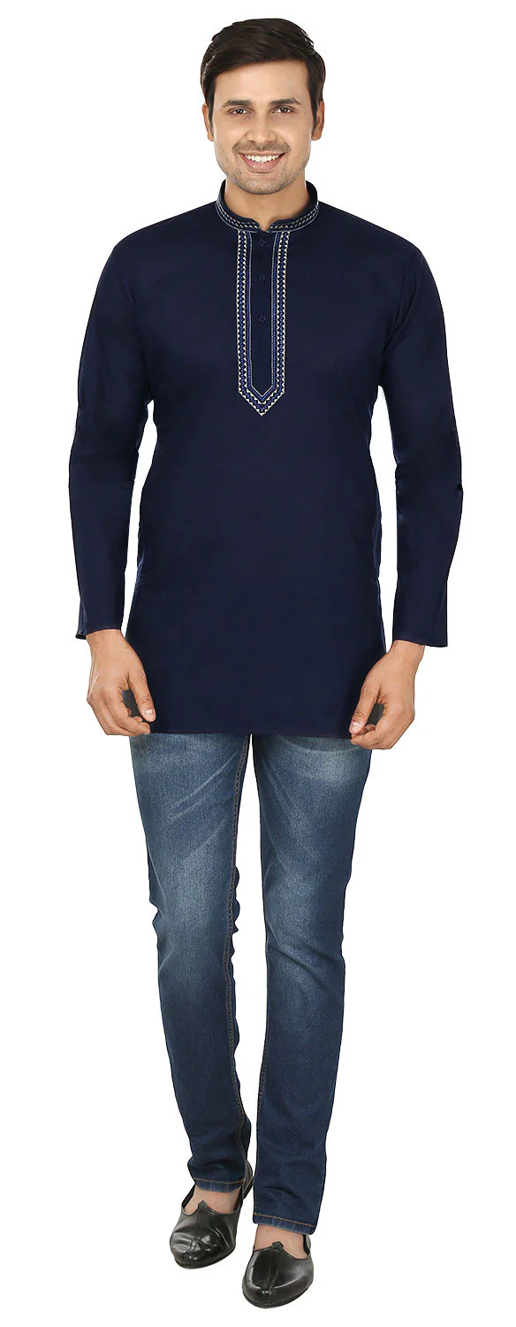 Indian Clothing Embroidered Cotton Short Kurta for Men (Dark Blue) - Image 4