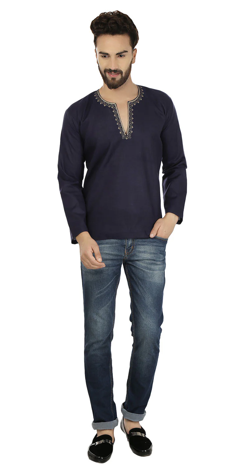 Indian Clothing Cotton Short Kurta for Men (Dark Blue) - Image 2