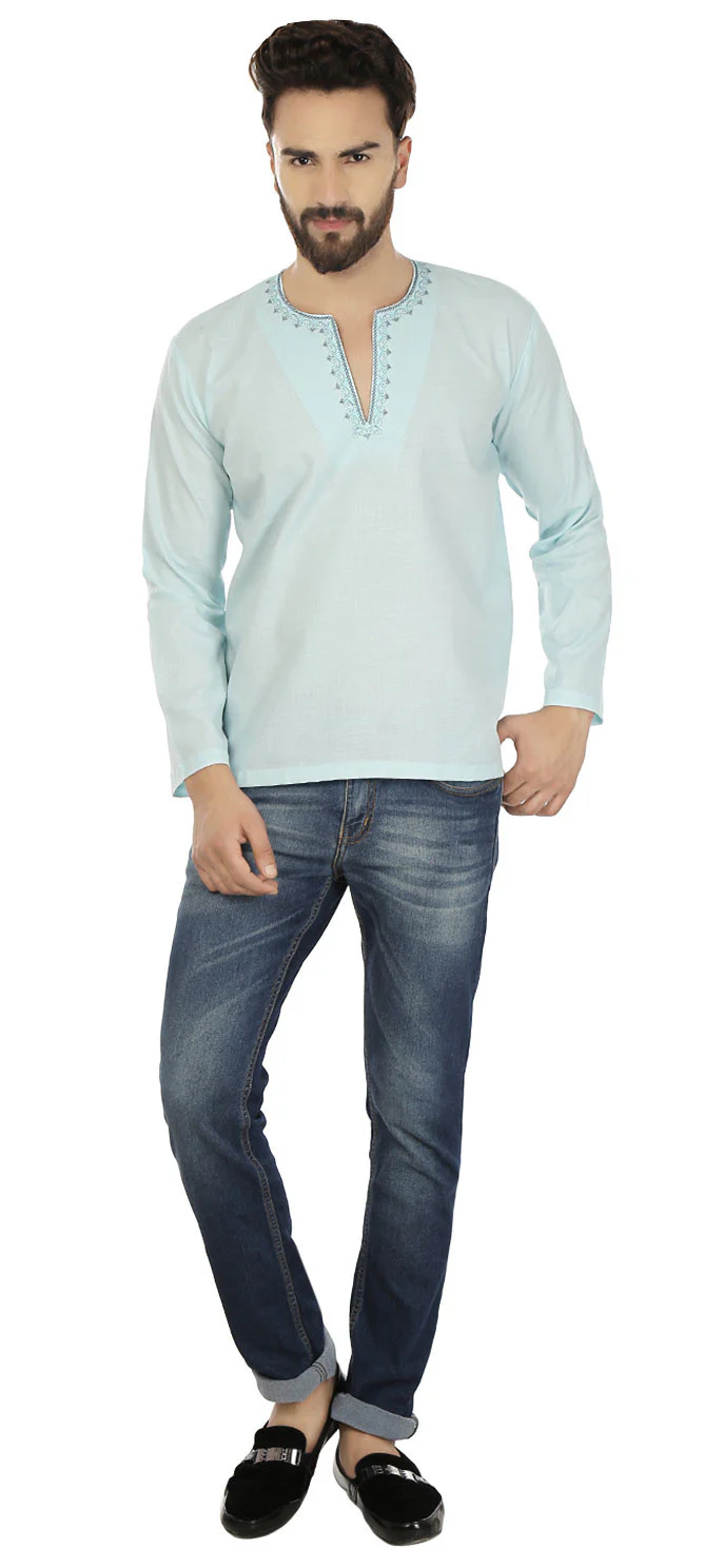 Indian Clothing Cotton Short Kurta Shirt for Men (Blue) - Image 2