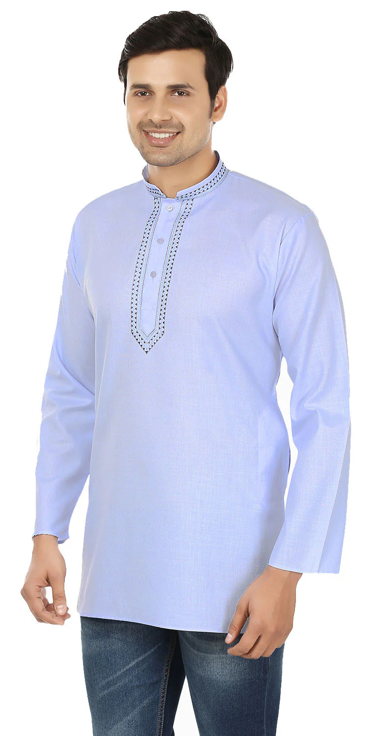 India Clothing Cotton Short Kurta Shirt for Men (Light Blue) - Image 2