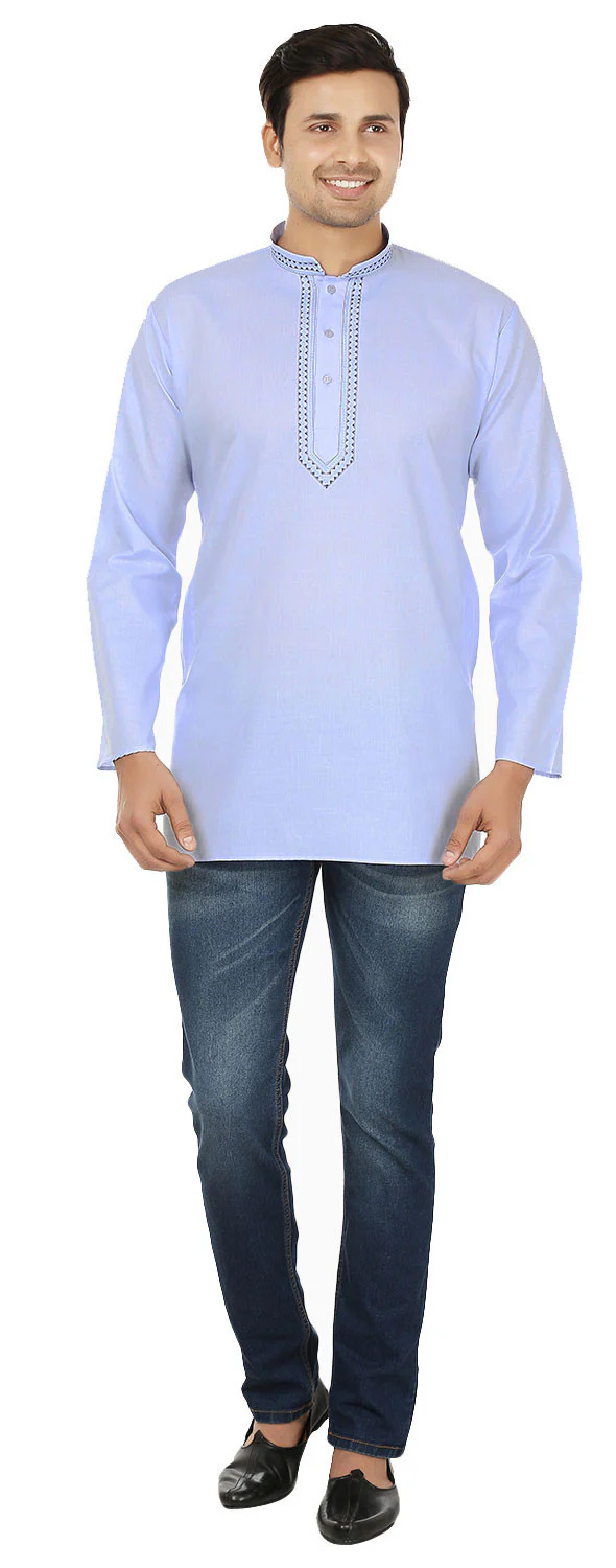 India Clothing Cotton Short Kurta Shirt for Men (Light Blue) - Image 4
