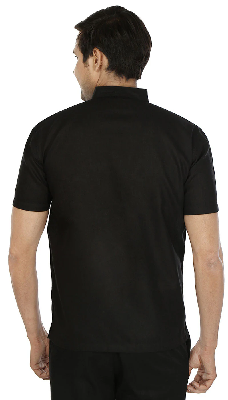 Indian Clothing Fashion Mens Short Sleeve Kurta Cotton (Black) - Image 3