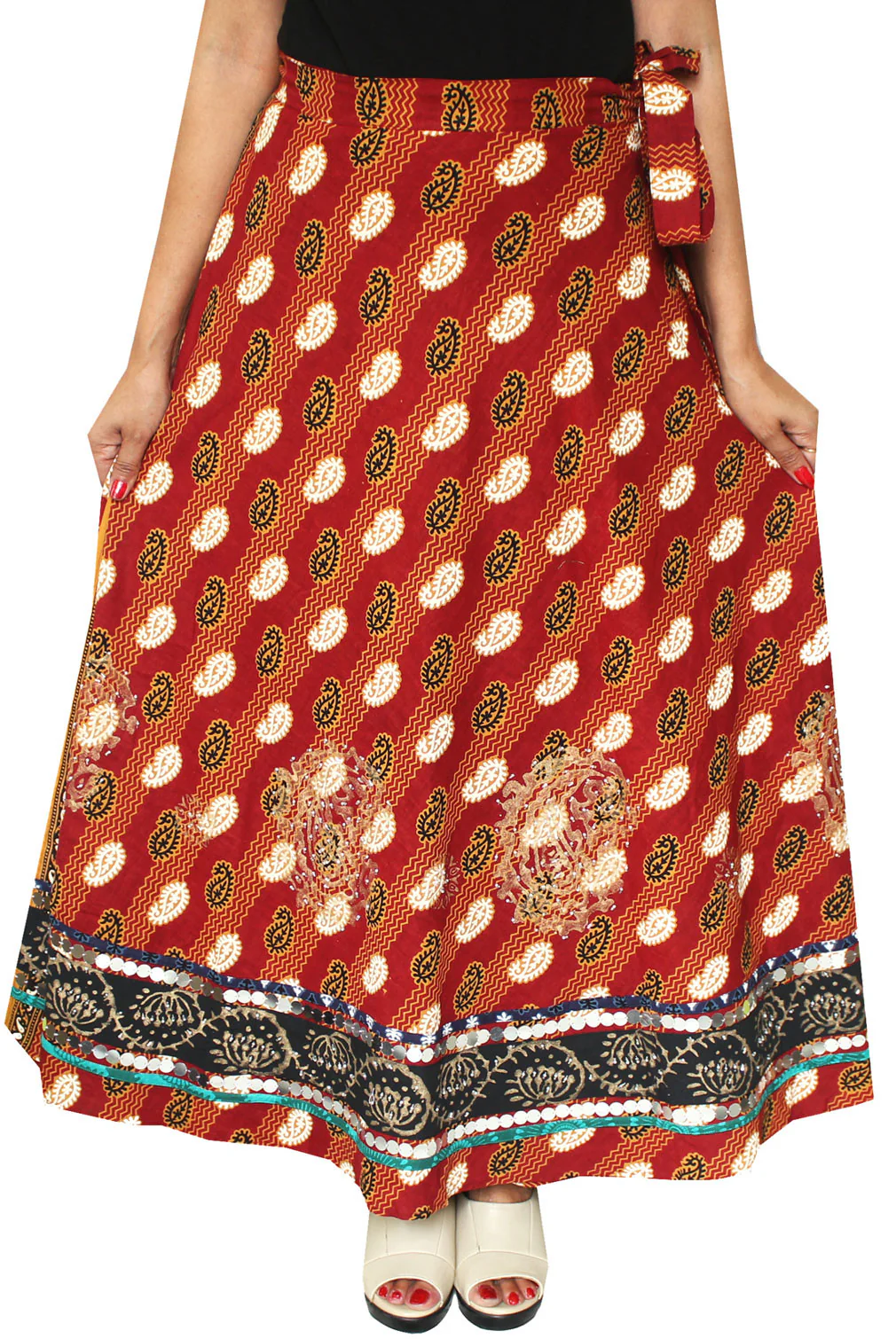 Indian Designer Long Skirt Cotton Wrap Around Womens (Maroon) - Image 2