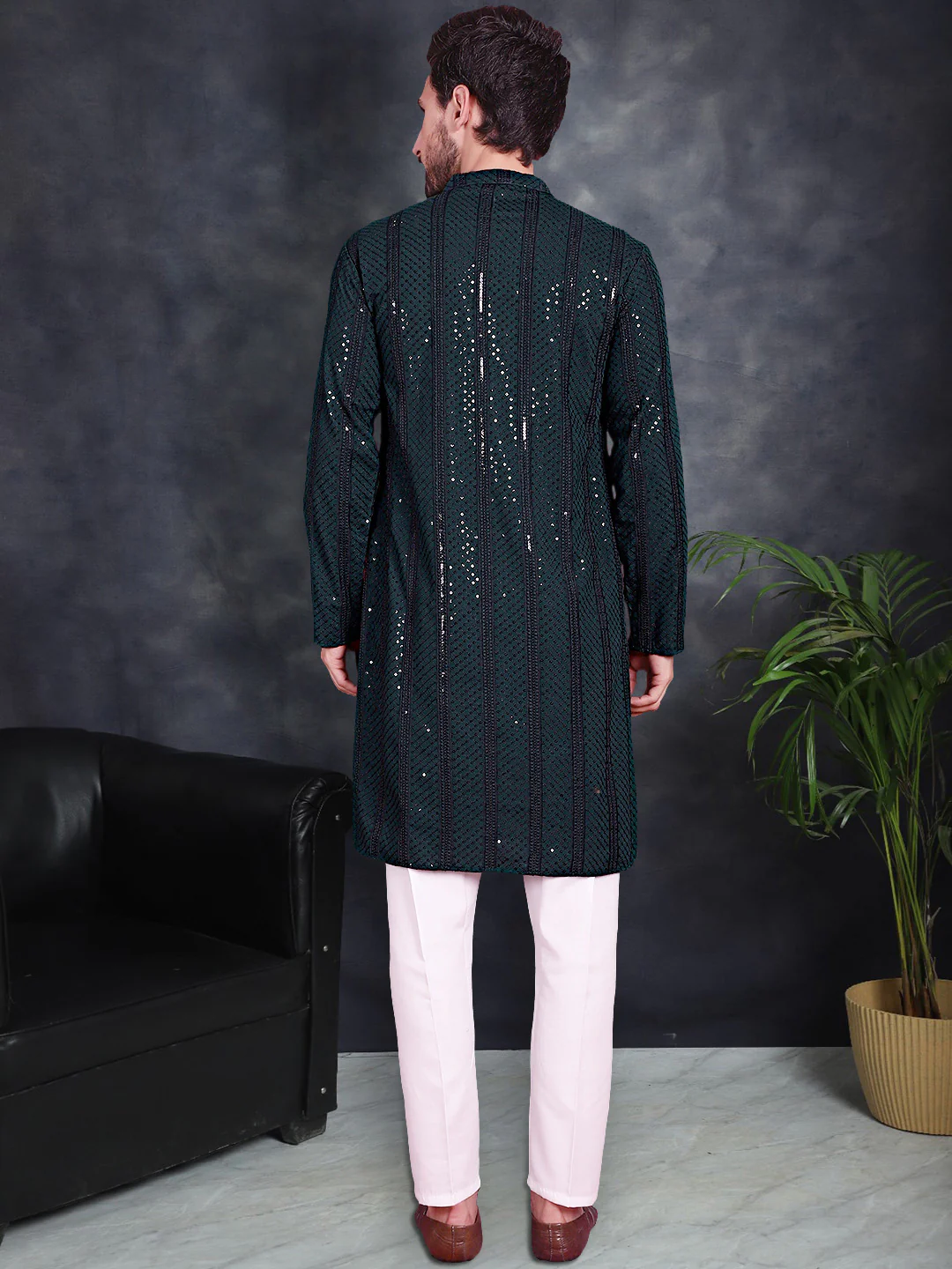 Indian Embroidered Sequined Rayon Men's Kurta Pajama -Olive - Image 3