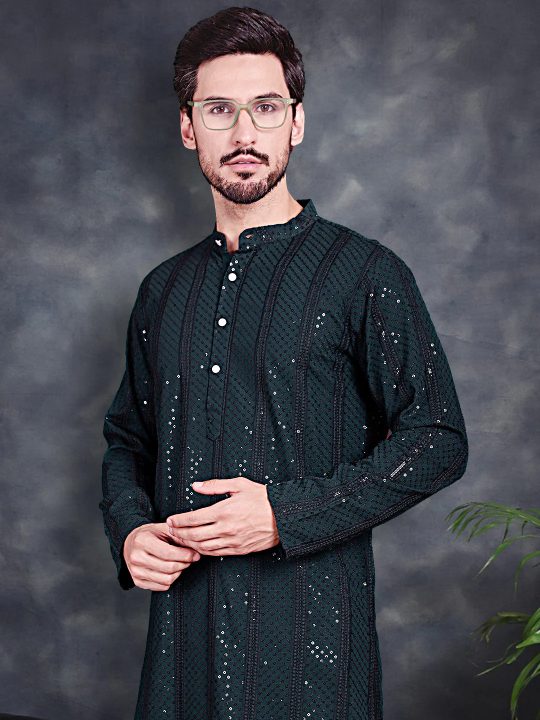 Indian Embroidered Sequined Rayon Men's Kurta Pajama -Olive - Image 4