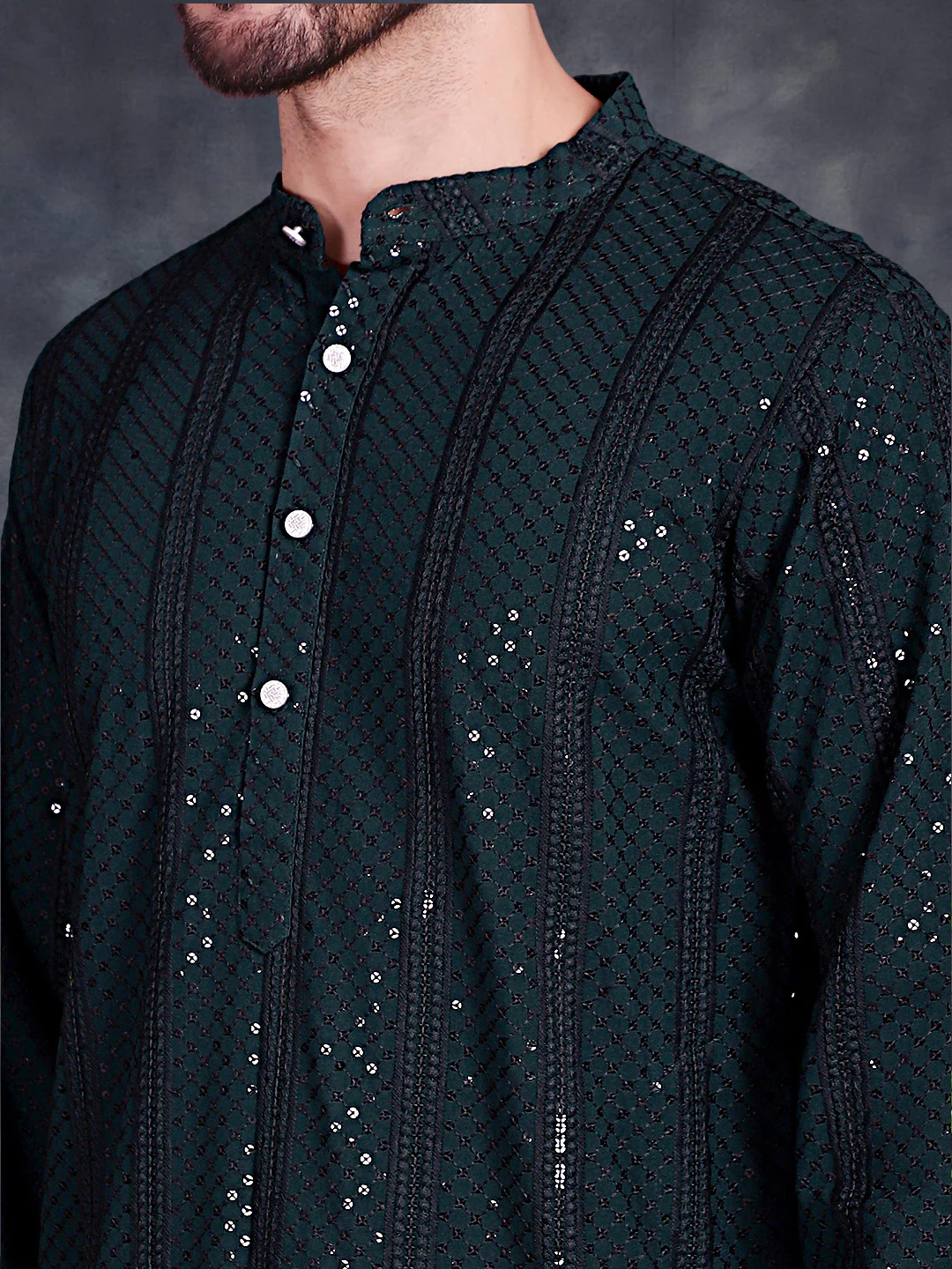 Indian Embroidered Sequined Rayon Men's Kurta Pajama -Olive - Image 5
