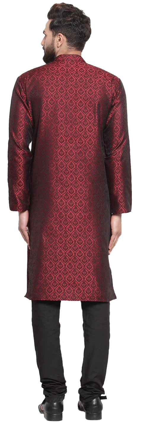 Indian Ethnic Jacquard Silk Men's Kurta Pyjama (Maroon) - Image 3