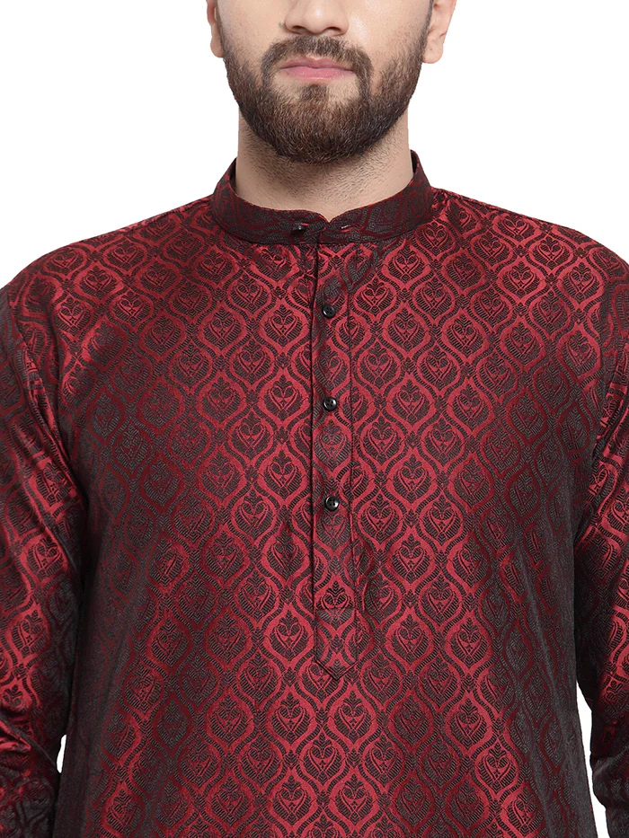 Indian Ethnic Jacquard Silk Men's Kurta Pyjama (Maroon) - Image 4