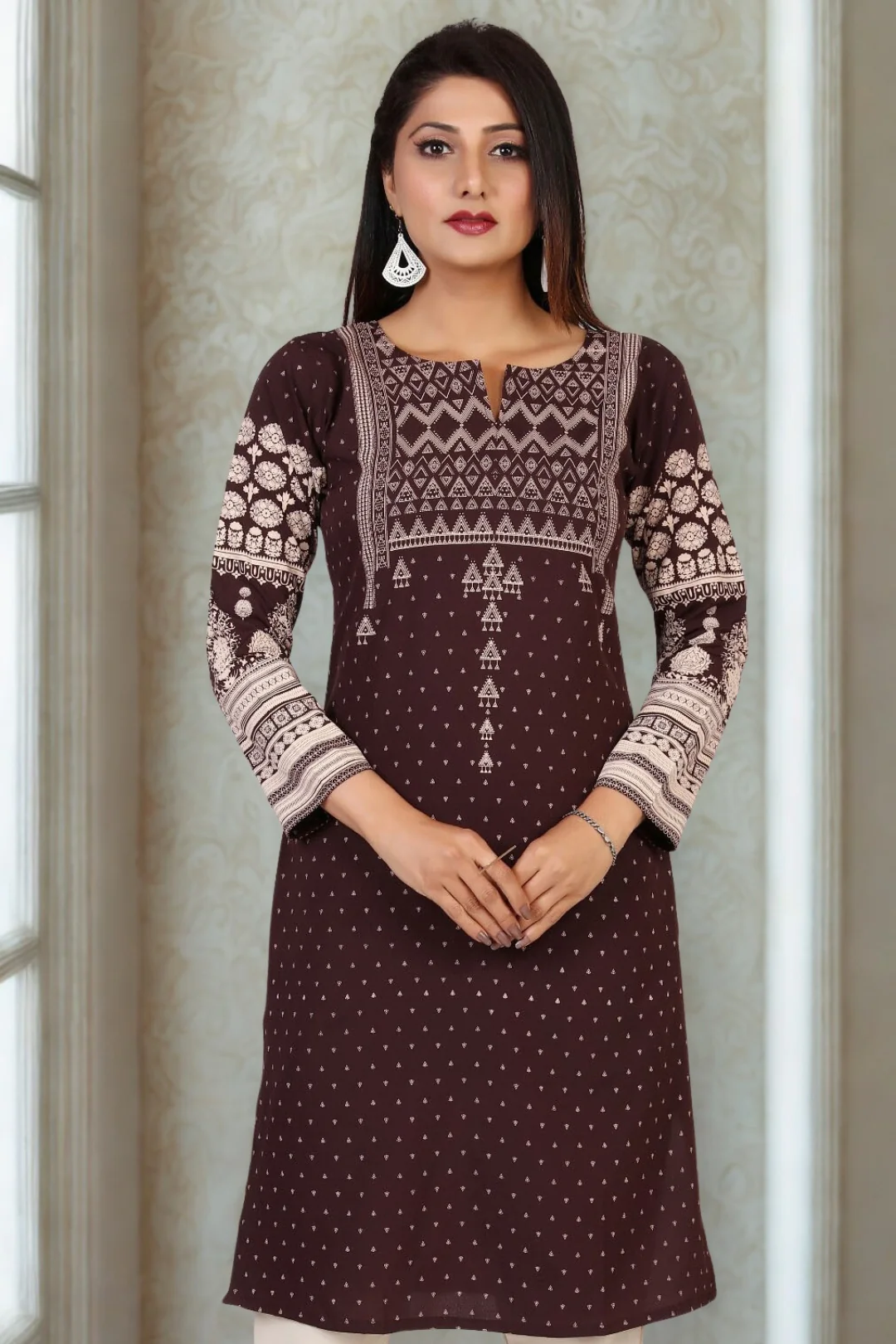 Indian Kurta for Women Long Tunic Tops (Chocolate)