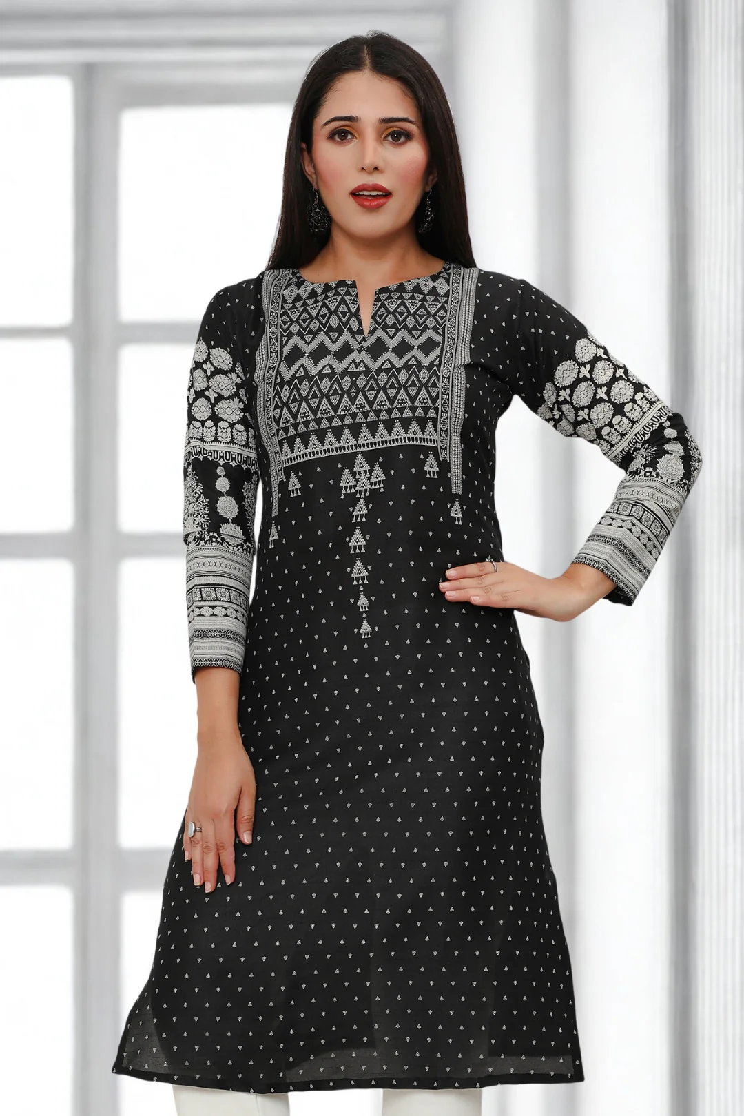 Long Indian Kurta for Women Tunic Tops (Black)