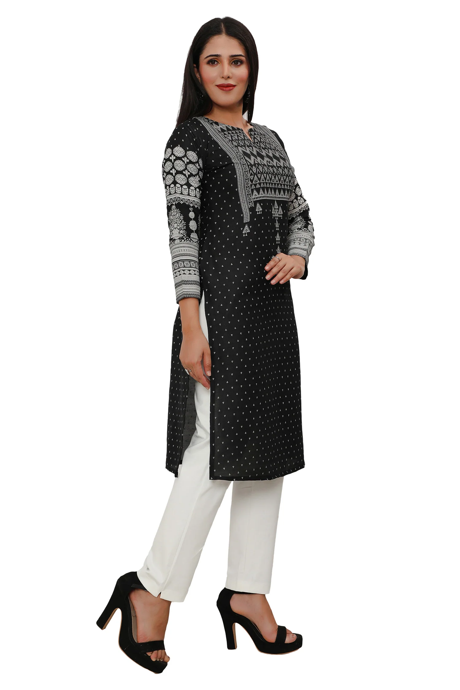 Long Indian Kurta for Women Tunic Tops (Black) - Image 5