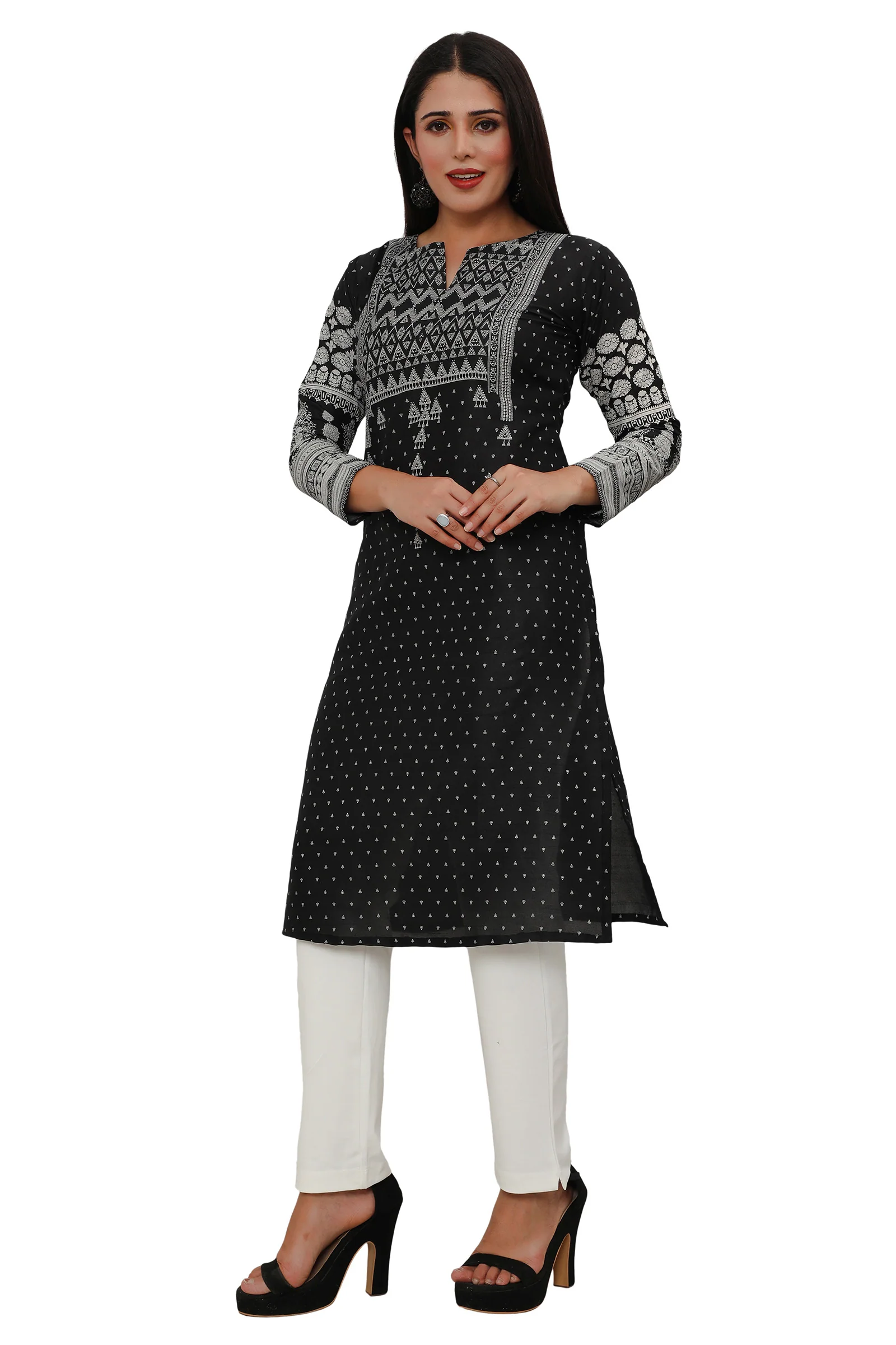 Long Indian Kurta for Women Tunic Tops (Black) - Image 6