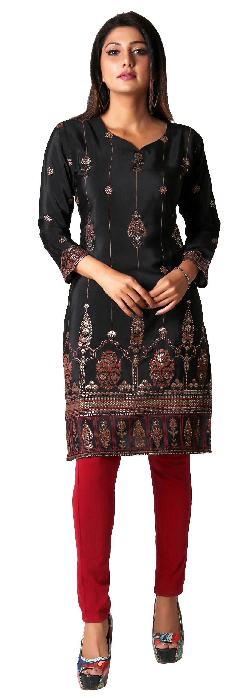 Indian Kurtas for Women Poly Silk Long Kurti Tunic Party Wear Tops (Black) - Image 4