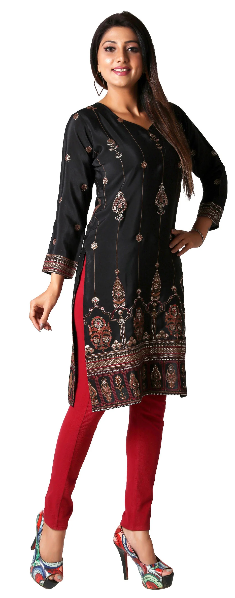 Indian Kurtas for Women Poly Silk Long Kurti Tunic Party Wear Tops (Black) - Image 5