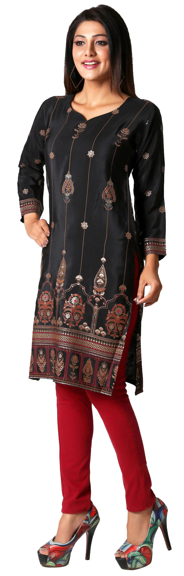 Indian Kurtas for Women Poly Silk Long Kurti Tunic Party Wear Tops (Black) - Image 6