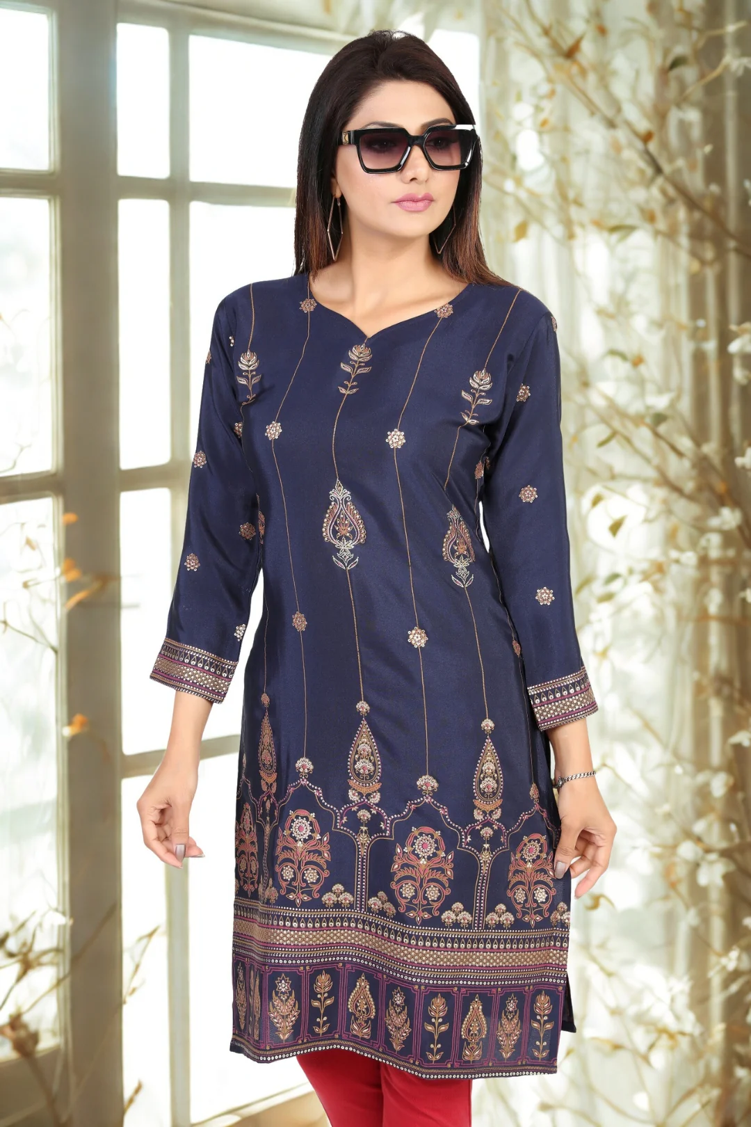Indian Kurtas for Women Poly Silk Long Kurti Tunic Party Wear Tops (Blue)