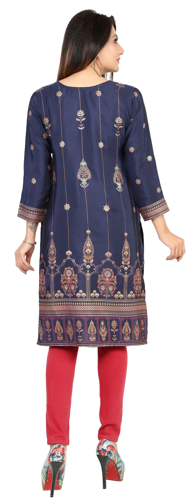 Indian Kurtas for Women Poly Silk Long Kurti Tunic Party Wear Tops (Blue) - Image 2