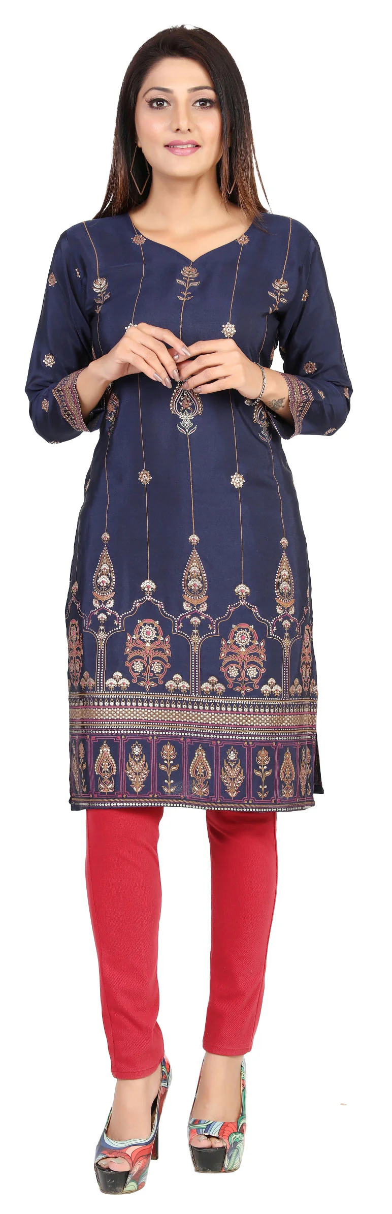 Indian Kurtas for Women Poly Silk Long Kurti Tunic Party Wear Tops (Blue) - Image 4