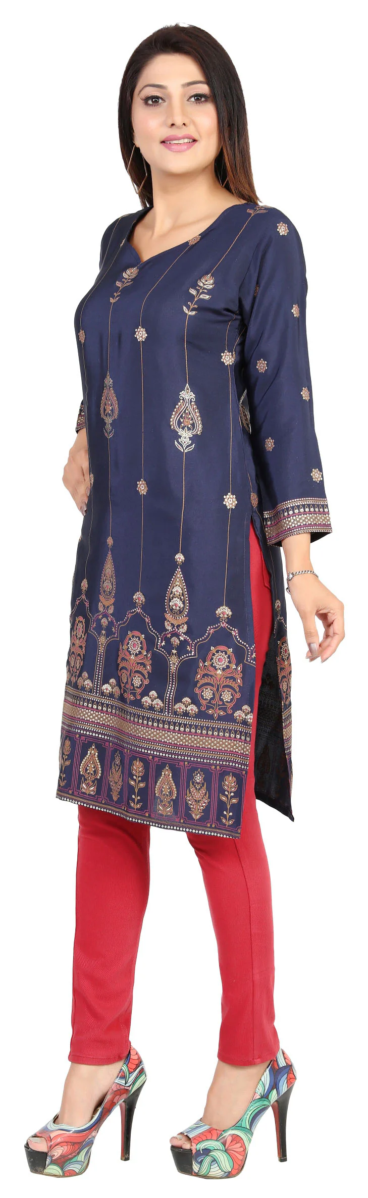 Indian Kurtas for Women Poly Silk Long Kurti Tunic Party Wear Tops (Blue) - Image 5