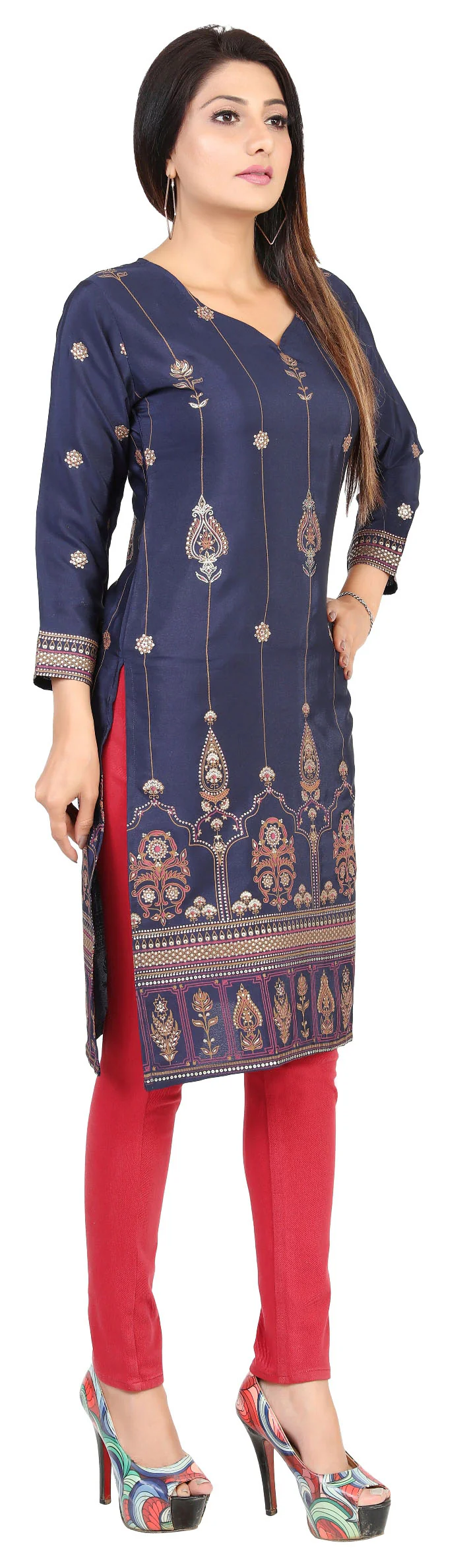 Indian Kurtas for Women Poly Silk Long Kurti Tunic Party Wear Tops (Blue) - Image 6