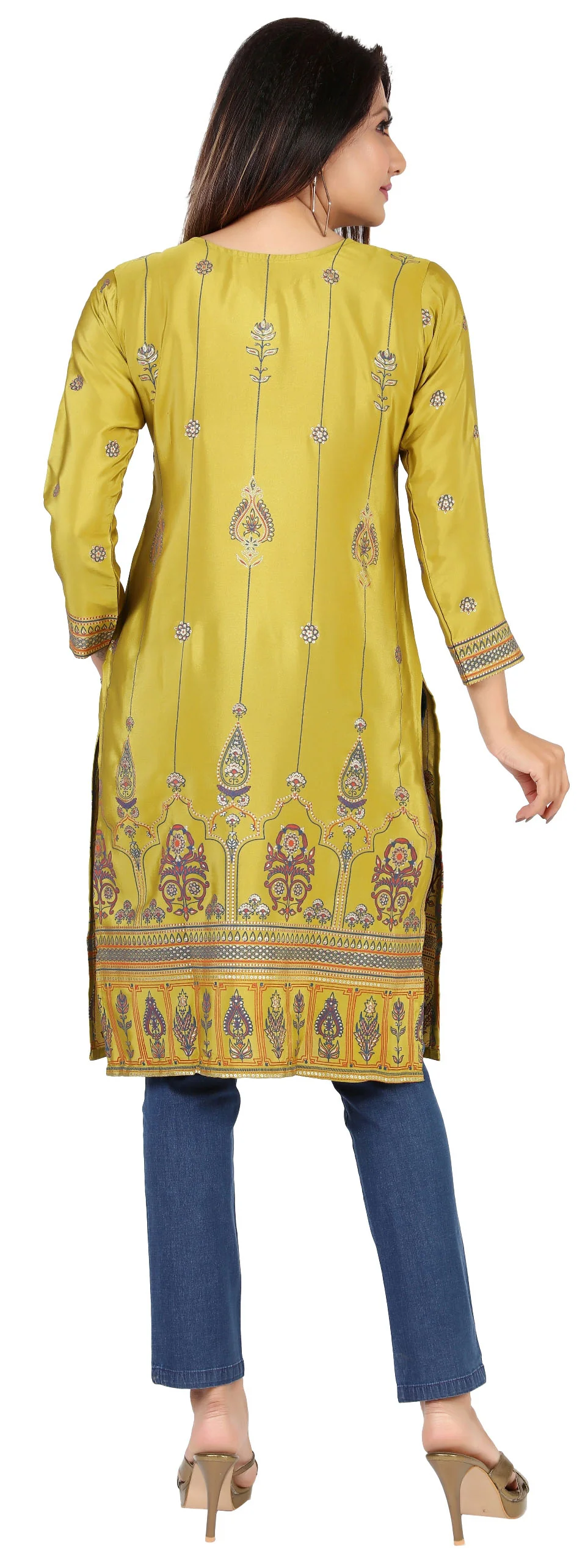 Indian Kurtas for Women Poly Silk Long Kurti Tunic Party Wear Tops (Green) - Image 2