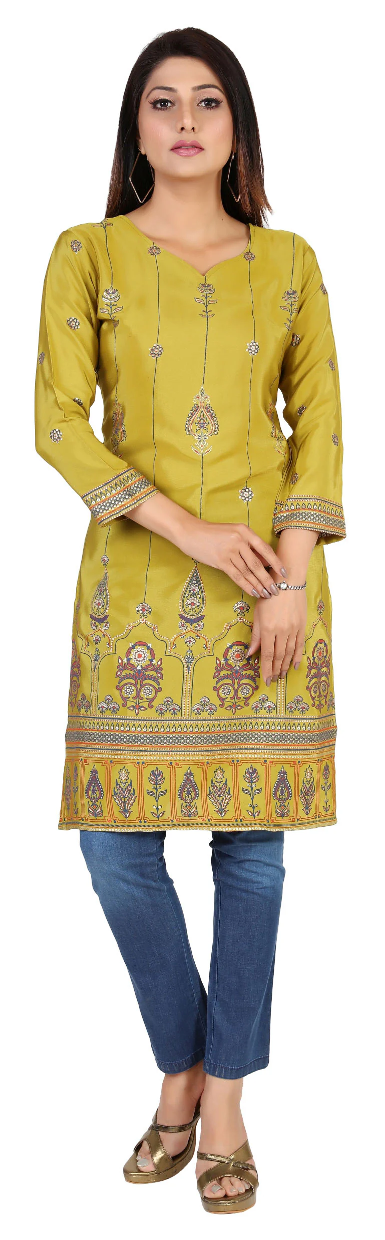 Indian Kurtas for Women Poly Silk Long Kurti Tunic Party Wear Tops (Green) - Image 4