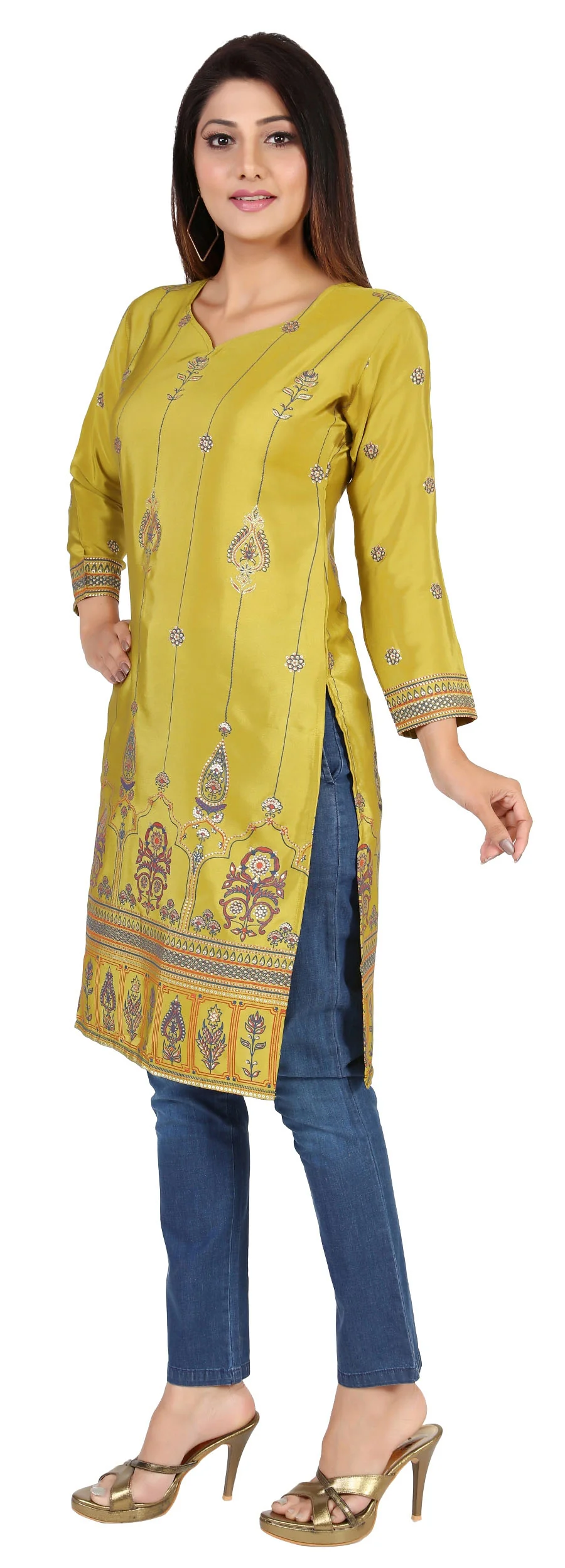 Indian Kurtas for Women Poly Silk Long Kurti Tunic Party Wear Tops (Green) - Image 5