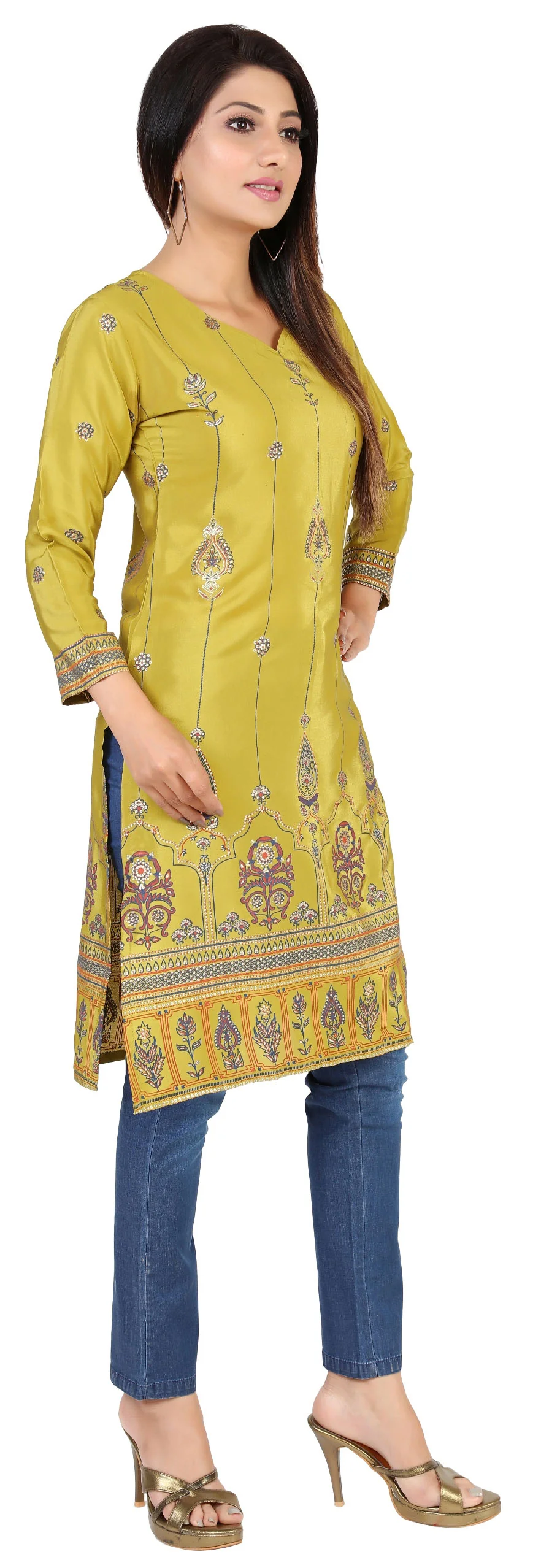 Indian Kurtas for Women Poly Silk Long Kurti Tunic Party Wear Tops (Green) - Image 6