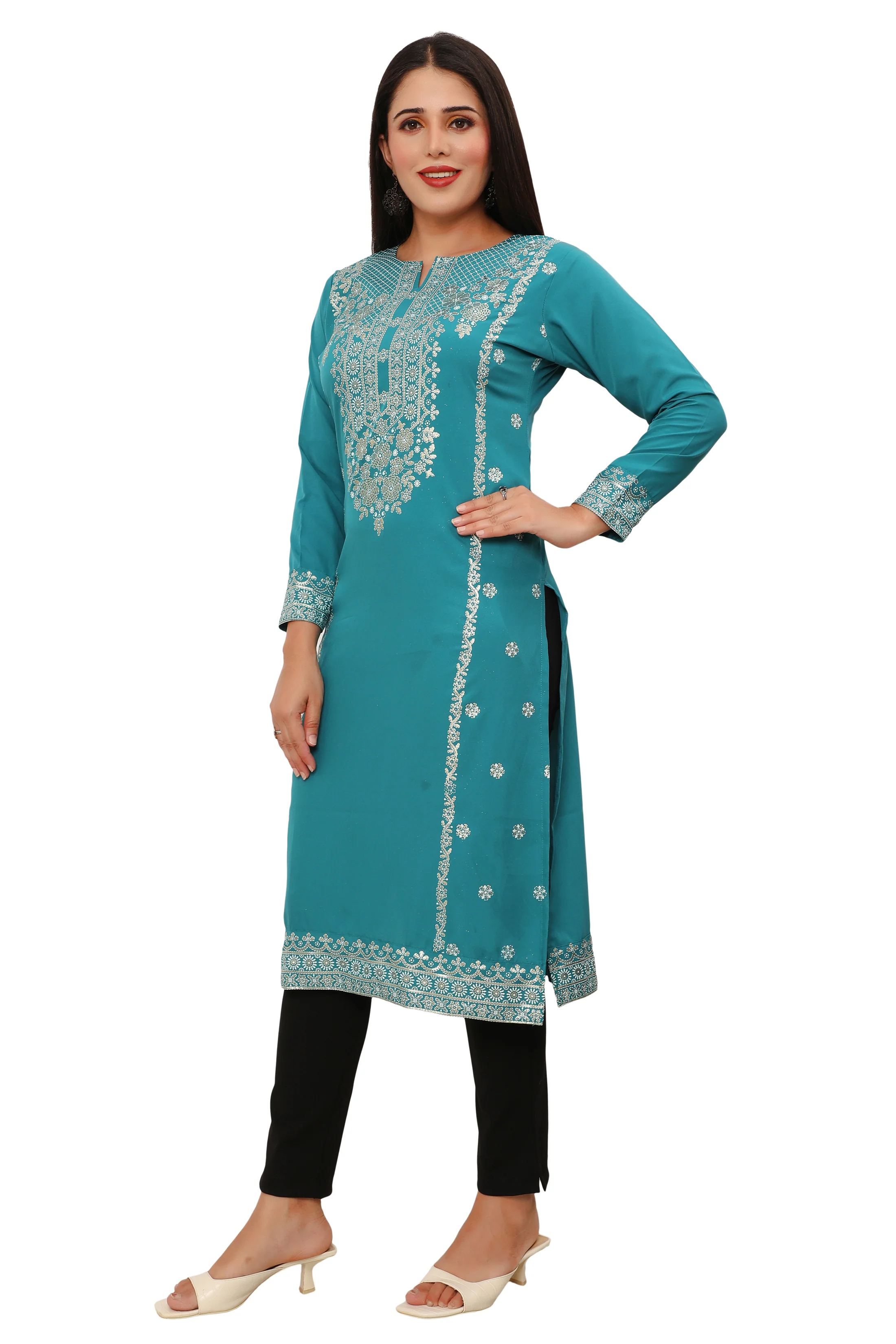 Indian Kurtis for Women Long Tunic Top Kurta (Turquoise) - Image 5