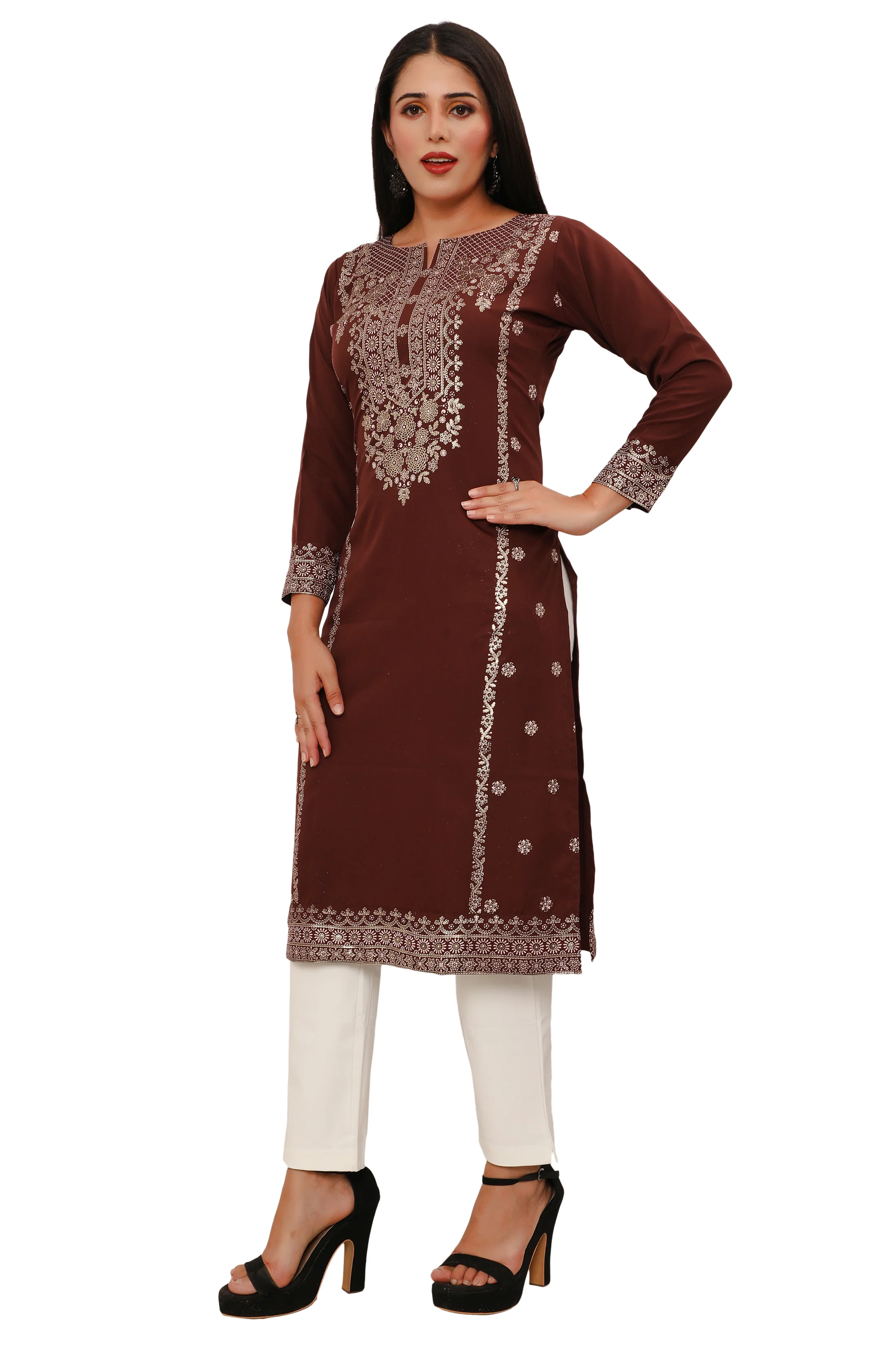 Indian Kurtis for Women Long Tunic Top Kurta (Brown) - Image 5