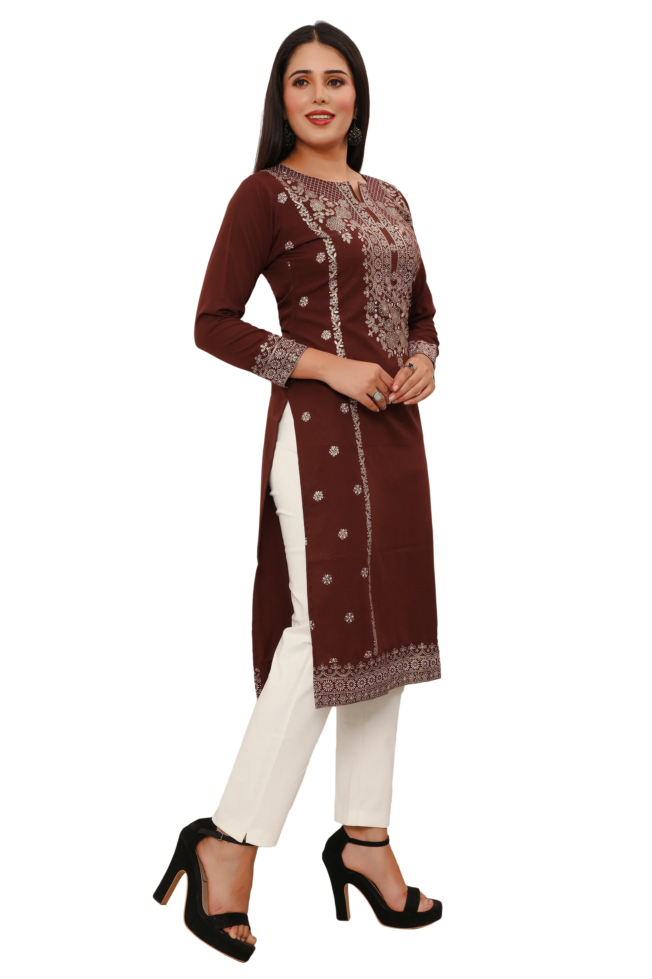 Indian Kurtis for Women Long Tunic Top Kurta (Brown) - Image 6