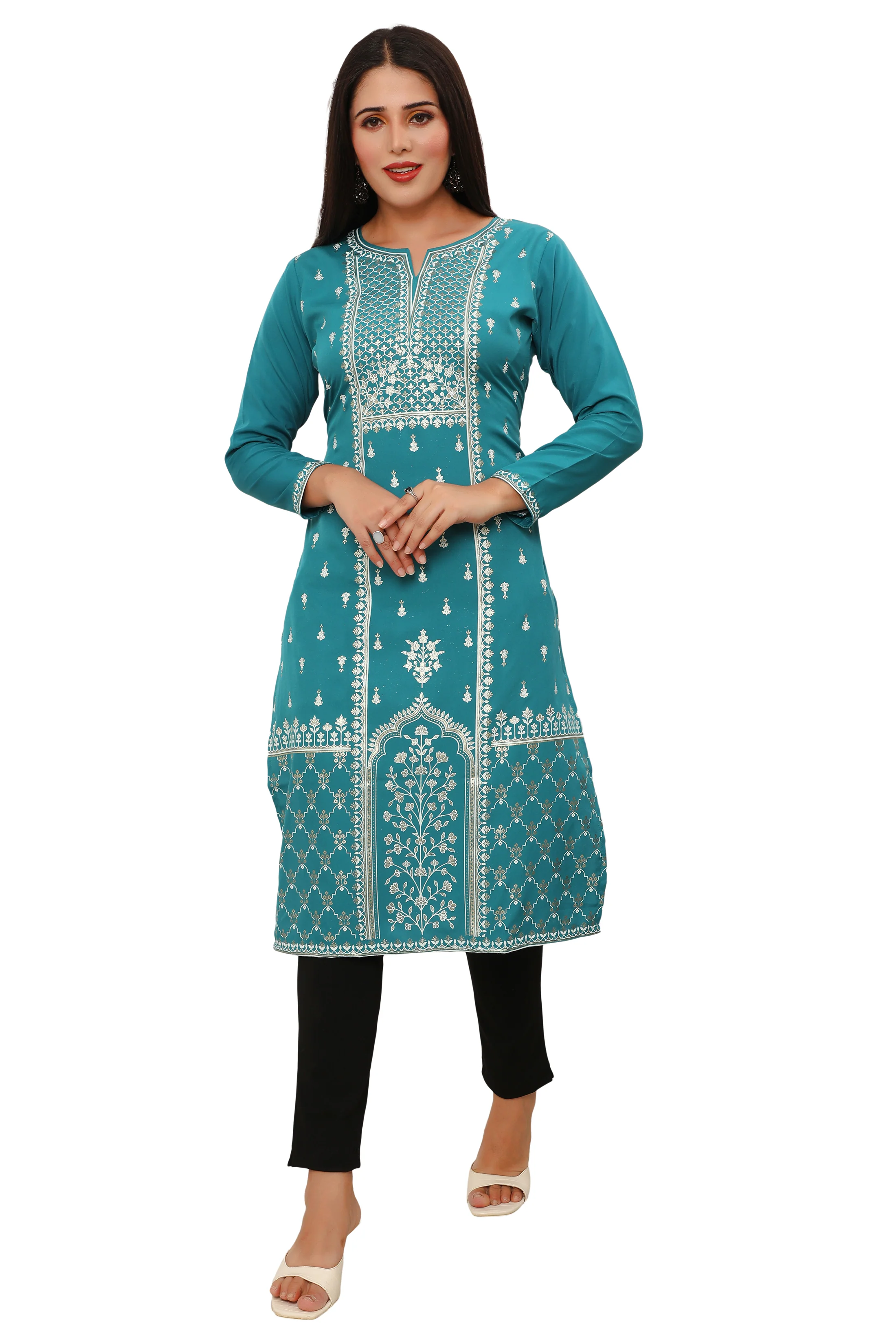 Indian Kurtis for Women Long Tunic Top Kurta (Turquoise) - Image 5