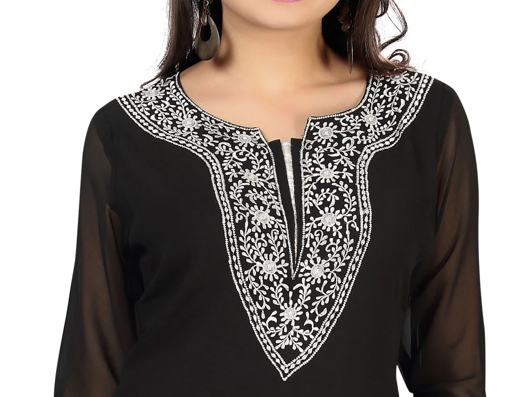 Indian Long Kurti Top Tunic Embroidered Womens India Clothes (Black) - Image 2