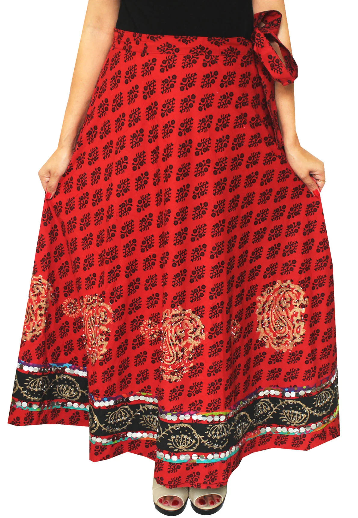 Indian Long Wrap Skirt Sequins Beads Cotton Maxi Printed Clothes (Maroon) - Image 2