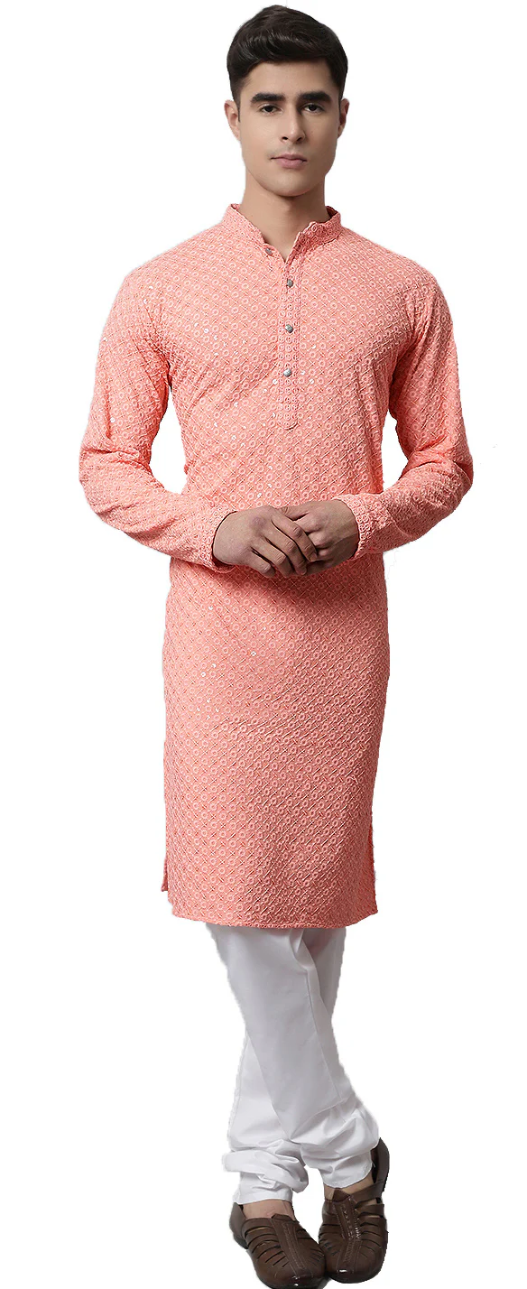 Indian-Sequined-Cotton-Men's-Kurta-Pajama-Party-Wear (Peach)