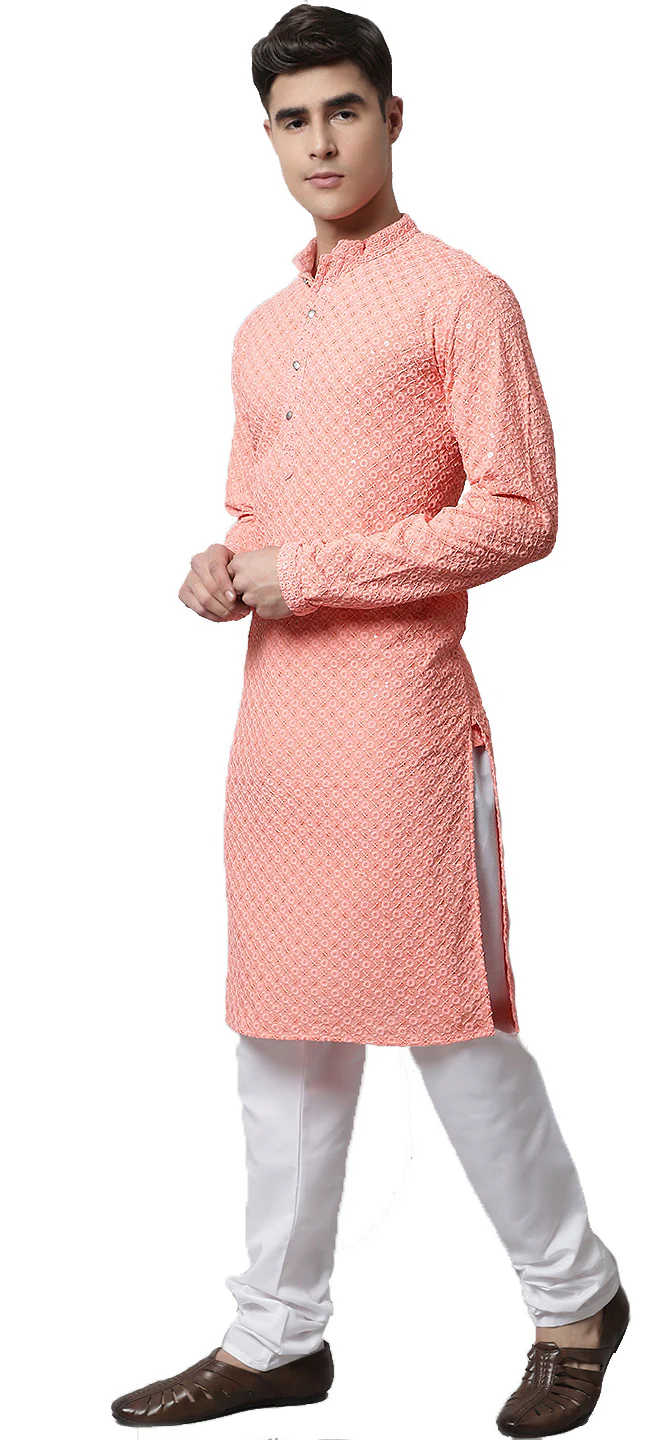 Indian-Sequined-Cotton-Men's-Kurta-Pajama-Party-Wear (Peach) - Image 2