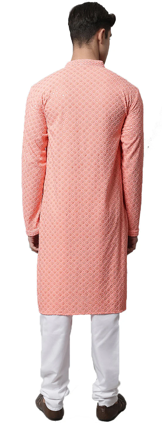 Indian-Sequined-Cotton-Men's-Kurta-Pajama-Party-Wear (Peach) - Image 3