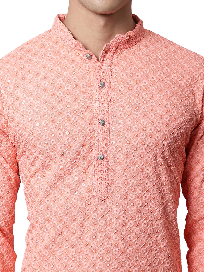 Indian-Sequined-Cotton-Men's-Kurta-Pajama-Party-Wear (Peach) - Image 4