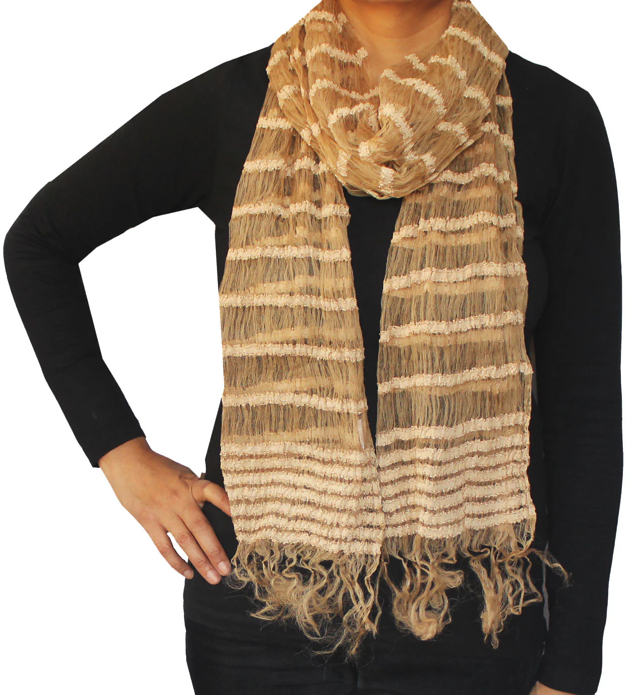 Indian Silk Scarf Womens India Fashion Clothing (Brown, 66 x 16 inches) - Image 2