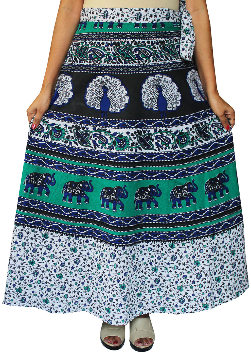 Indian Skirt Women's Cotton Printed Long Wrap Around Skirt (Green, One Size) - Image 2