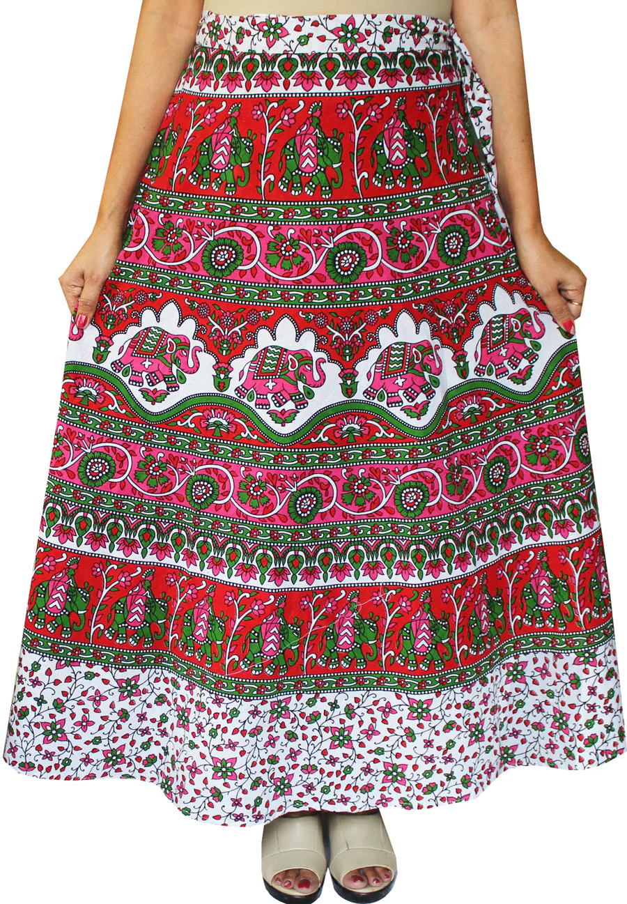 Indian Skirt Women's Cotton Printed Long Wrap Around Skirt (Red, One Size) - Image 2