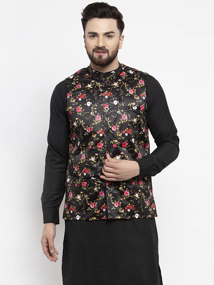 Indian Waistcoat Men's Modi Jacket Floral Print (Black)