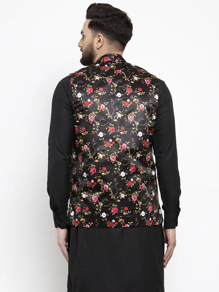Indian Waistcoat Men's Modi Jacket Floral Print (Black) - Image 2