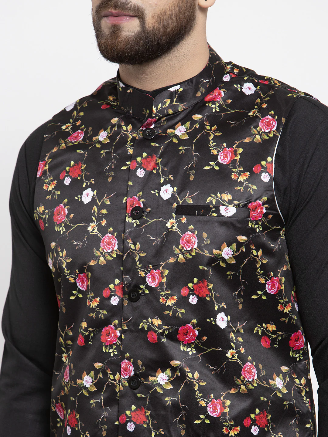 Indian Waistcoat Men's Modi Jacket Floral Print (Black) - Image 6