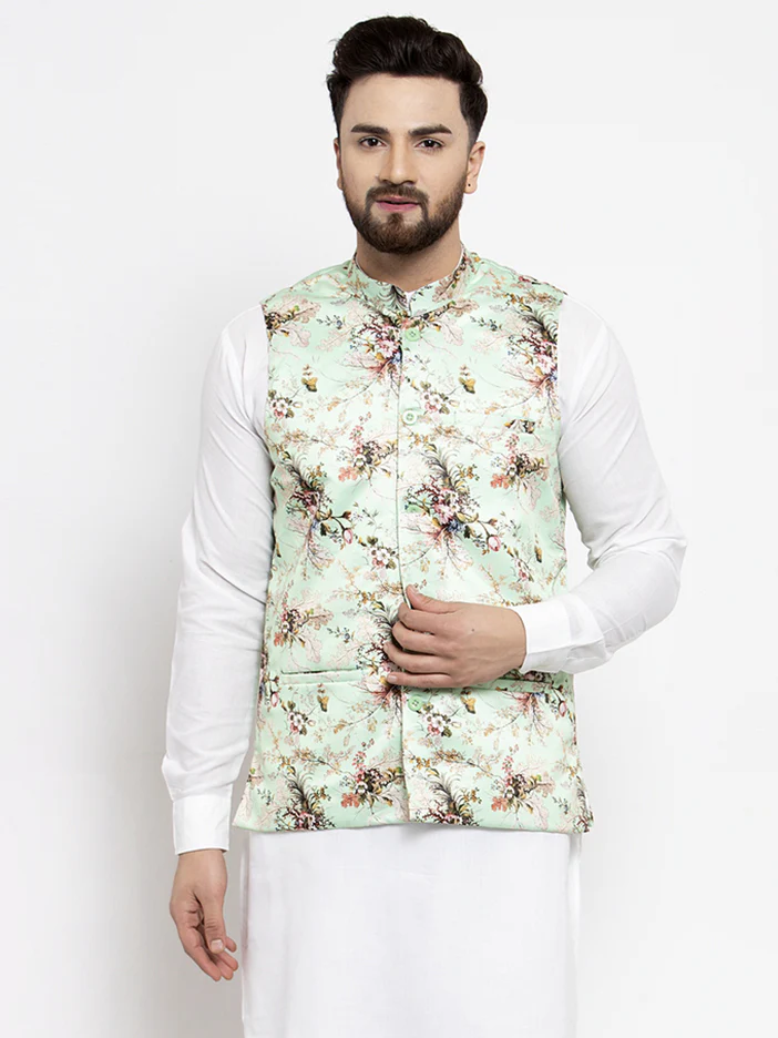Indian Waistcoat Men's Modi Jacket Floral Print (Lime)